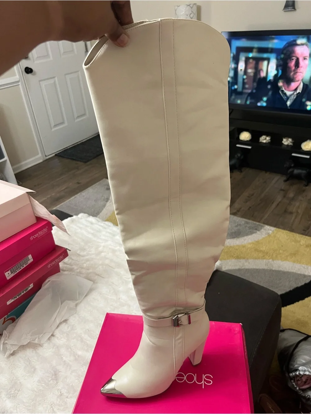 Over-the-Knee Cream Pointed Toe Block Heel Boots with Metallic Accent